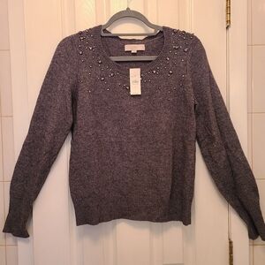 LOFT Ladies Long Sleeve Embellished Grey Sweater Size M. Brand New!